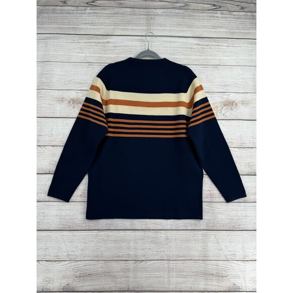 Vintage 70's White Stag Striped Crewneck Sweater Mens XL Navy Blue Cream Brown - Picture 2 of 6